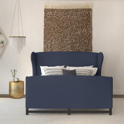 Herbert Wingback Bed w/ Footboard - Blue Print Crushed Velvet
